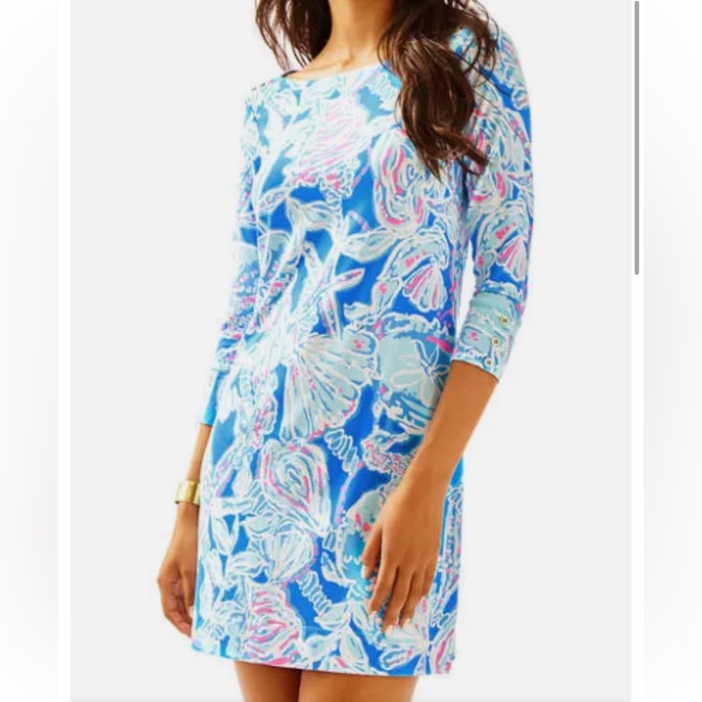 Lilly Pulitzer UPF 50 + Cotton SOPHIE DRESS Bay Blue Pink Into‎ the Deep S